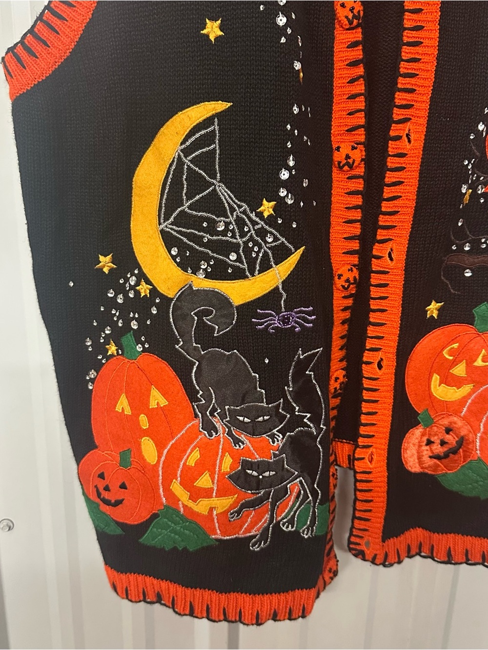 Vintage Halloween Appliqué Knit Sweater Vest Pumpkin Moon Cat Cottagecore 3X - Picture 4 of 8